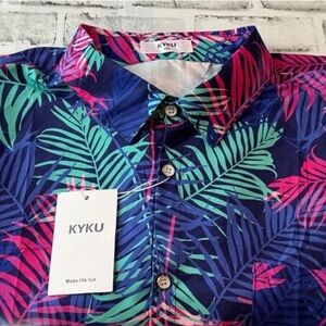 Men's Leaf Print Casual Shirt - Blue and Pink